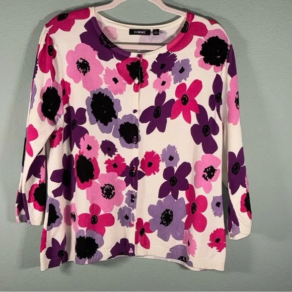 Elementz Women's Button Down Shirt - Pink, Purple, Black Floral - Picture 1 of 10